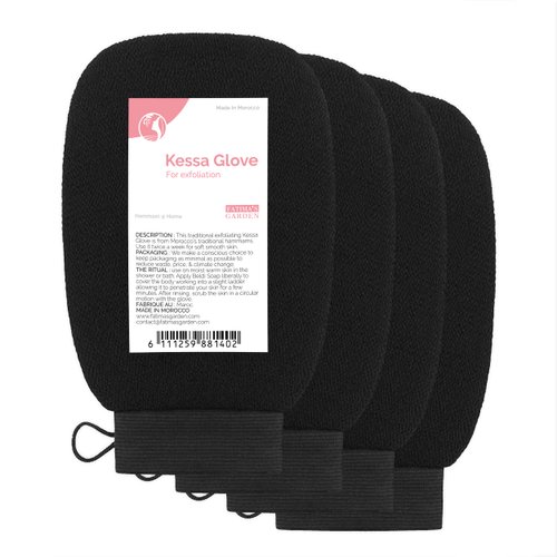 Fatima's Garden Exfoliating Kessa Glove for Body & Face - Deep Cleansing Mitt for Dead Skin Removal - Natural & Durable Moroccan Spa Scrubber - Perfect for Hammam, Bath, and Shower (4 black gloves)