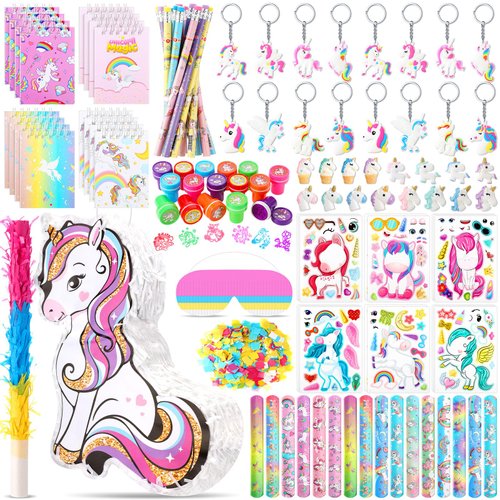 Spakon 113 Pcs Unicorn Piñata Unicorn Birthday Party Supplies Unicorn Piñata Set 16 Mini Notebook 16 Pencil 16 Keychain 16 Slap Bracelet 16 Mini Unicorn 16 Sticker 16 Stamp Unicorn Party Supplies Gift