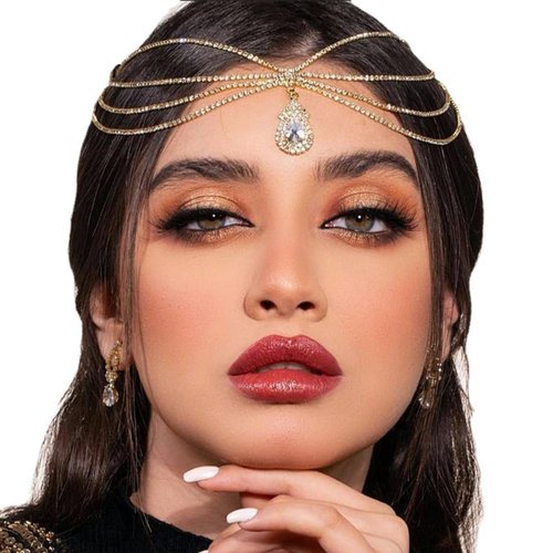 NAISKA Rhinestone Head Chain Multi Layered Headpieces Boho Hair Chian Wedding Hair Clips Forehead Bridal Headband Crystal Hair Band Party Hair Jewelry for Women and Girls(Gold)