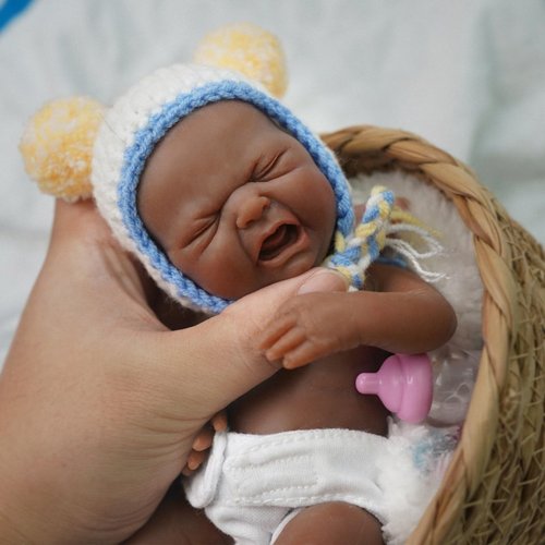 Crying Baby Reborn Baby Doll Black,7" Silicone Doll Mini Realistic Newborn Baby Dolls Silicone Full Body Stress Relief with Feeding Accessories Gift Box-Boy