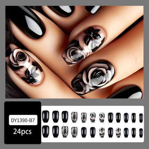 Black Press on Nails Medium Square Black Rose Nails Press ons Flower False Nails with Design Ombre Flat Fake Nails Glossy Black Stick on Nails for Women Summer Acrylic Full Cover Nails Kit 24Pcs