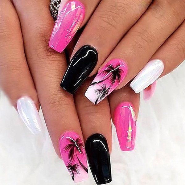 Medium Press on Nails Coffin Acrylic Nails Rose Red Gradient Fake Nails Press ons Black and White Full Coveer Stick on Nails Coconut Palm Glue on Nails Glossy Artificial False Nails for Girls 24Pcs