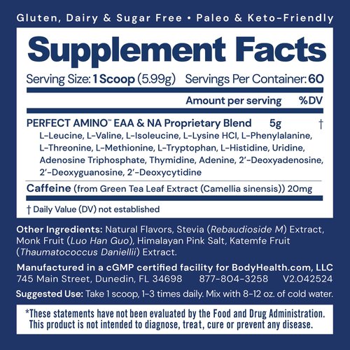 BodyHealth PerfectAmino Powder - BCAA and EAA Powder for Pre and Post Workout - Amino Acid Energy Drink Powder for Men and Women to Support Lean Muscle and Recovery - Mocha - 60 Servings