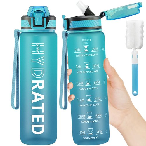 QLUR Water Bottle with Straw, 32 oz Motivational Water Bottles with Time Marker to Drink, Tritan BPA Free, 1L Sports Water Bottle with Carry Strap LeakProof for Men Gym Fitness Outdoor (1 Pack)
