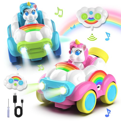 Hangrui 2 Pack Remote Control Cars, Unicorn Toys for Ages 2-6, Toddler 2.4Ghz RC Cars with Colored Lights, Music and Sound, Christmas Birthday Gift for 2 3 4 5 6 Year Olds Girls Boys