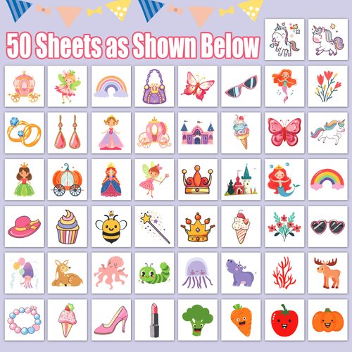 Partywind Temporary Tattoos for Girls, Individually Cut Kids Tattoos for Girls Party Supplies Favors, Birthday Party Decorations Goodie Bag Stuffers, Fake Tattoo Stickers for Children Girls
