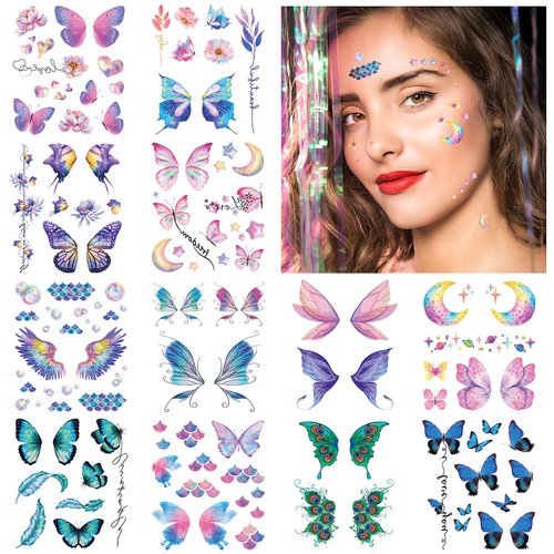cobee 100pcs Face Temporary Tattoos, 12 Sheet Glitter Butterfly Fake Tattoos Stickers Bling Metallic Freckle Water Transfer Tattoo Art Face Arm Body Sticker for Women Makeup Birthday Rave (Style A)