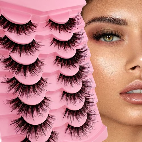 Cat-Eye Lashes Flu-ffy 20mm Manga Lashes Wispy Fairy Eyelashes, Curly Volume Spiky Lashes Faux Mink False Eyelashes that look like extensions Lashes Natural Look 7 Pairs Pack(ZD97)