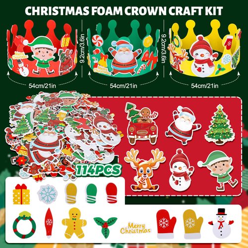 AnyDesign 180Pcs Christmas Foam Crown DIY Craft Kit Snowman Xmas Tree Snowflake Foam Stickers Xmas Adjustable Headband Crown Hats with Stickers for Christmas Party DIY Crown Supplies, Pack of 6