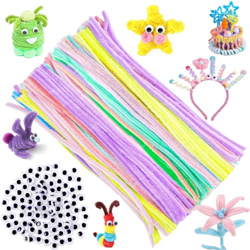Fulasiteu 200pcs Macaron 7 Colors Pipe Cleaners and 100pcs self-Adhesive Wiggle Eyes Sets, Pipe Cleaners Bulk, Art and Craft Supplies, Chenille Stems Pipe Cleaners, Pipe Cleaner Crafts…