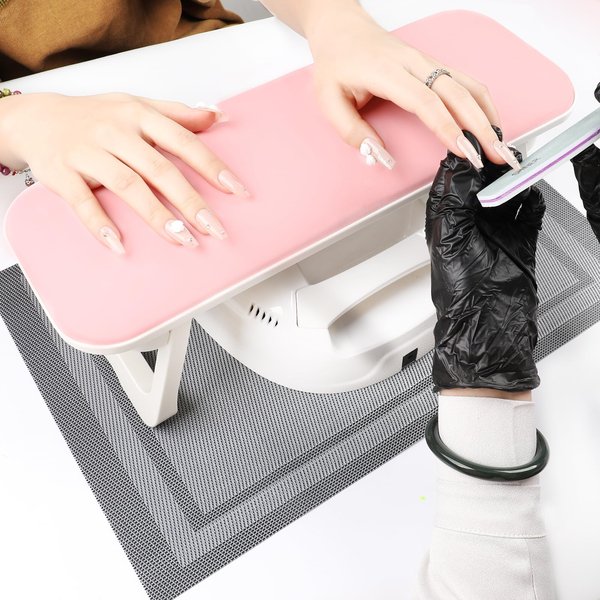 ASTONFOG Big Arm Rest for Nails, Foldable PU Leather Nail Hand Rest for Acrylic Nails, Non-Slip Hand Rest Pillow for Nails Tech with PVC Nail Table Mat, Nail Arm Rest for Manicure Salon Use (Pink)