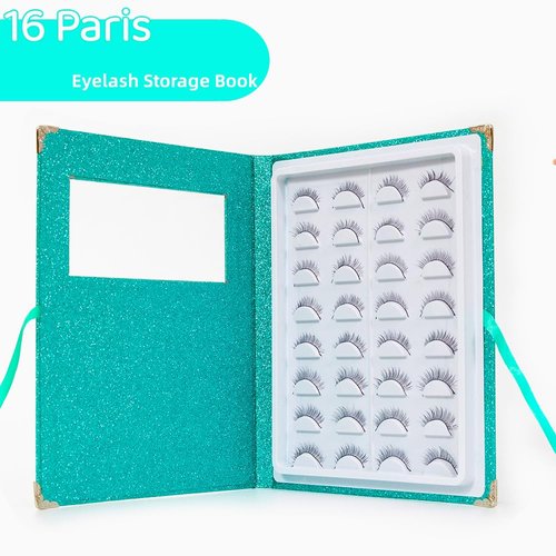 16 Paris Eyelash Storage Book Portable Eyelash Organizer Holder Case Make Up Display Catalog Lash Container Box Glitter Cover Lash Empty Case (Green)