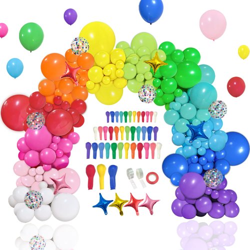 PERPAOL 146pcs Rainbow Balloons Garland Arch Kit, 12 Assorted Multicolor Balloons for Birthday Color Party Anniversary Festival Carnival Circus Decoration with Star Foil Confetti Balloons