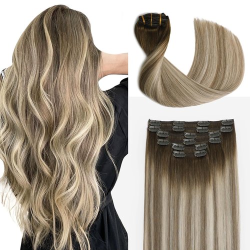 Sindra Human Hair Clip in Extensions Balayage Darker Brown to Ash Brown and Golden Blonde Clip in Hair Extensions Human Hair 20 Inch 120g 6pcs Thick Remy Human Hair Extensions C20#3/8/22