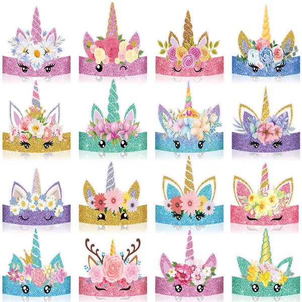 Sinmoe 32 Pcs Unicorn Party Supplies: Birthday Hats, Paper Crowns, Headbands for Girls' Princess & Boys' Dress-Up Theme with 16 Styles