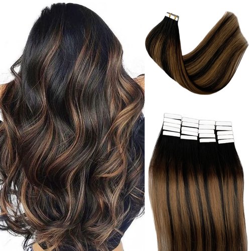 Tape in Hair Extensions, Real Human Hair Natural Black Highlights Golden Blonde Ombre Human Hair Extensions Seamless Straight Tape ins Hair Extensions Remy Human Hair 20pcs 50g 22inch