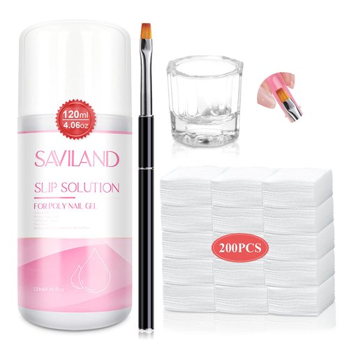 Saviland 120ml Slip Solution for Poly Gel Nails Liquid Anti-stick Gel Solution Kit for Beginners Nail Extension Gel with Nail Brush Cup Nail Cleaner for Easy DIY Poly Gel Nail Art