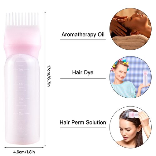 Root Comb Applicator Bottle, 6 Ounce, Hair Oil Applicator, Oil Applicator for Hair Dye, Oil Bottles for Hair, Hair Oiling Applicator with Graduated Scale (2 Pack+20 PCS Disposable Shower Caps, pink)