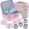 Jewelkeeper Tea Set for Little Girls - 15-Piece Tin Tea Party Set with Ballerina Design - Pretend Play Tea Set with Carrying Case - Ideal Gift for Kids, Includes Teapot, Cups, Saucers, Plates and Tray