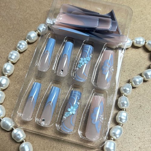 MERVF Long Square Press on Nails Blue French Tip Fake Nails Press ons with 3D Flower Design Glue on Nails Squoval Pearls Acrylic Nails Spring Glossy 24pcs False Nails