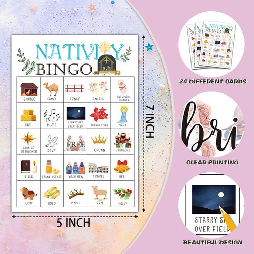 Foosproea Nativity Bingo Cards, Christmas Nativity Game for 24 Players, Religious Christmas Party Games for Family Friends Activities, Holiday Party Favors Supplies Decorations(07)