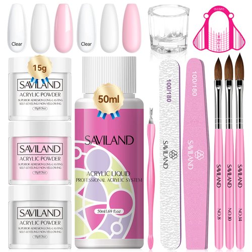 Saviland Acrylic Nail Kit: 0.5Oz Clear/White/Pink Acrylic Powder and Liquid Set with Nail Brush Nails Kit Professional Acrylic Powder Nail Kits for Beginners Nail Extension Home DIY & Nail Salon