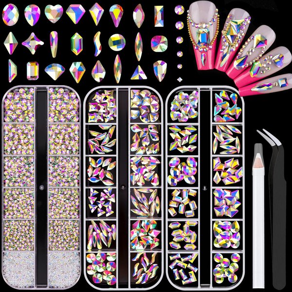 2750Pcs AB Glass Nail Rhinestones 240Pcs Multi Shapes Flatback Gems Crystal + 2510Pcs 1.5-4mm Round Beads, Manicure Diomand Jewelry Gemstones for Nail Design Makeup Acrylic Nails Decoration