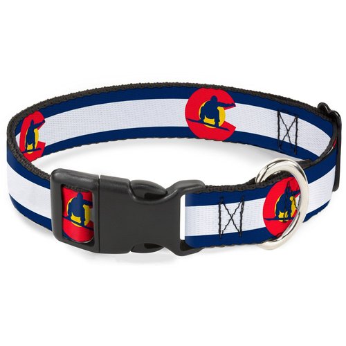 Dog Collar Plastic Clip Colorado Flag Snowboarder Blue White Red Yellow 9 to 15 Inches 1.0 Inch Wide
