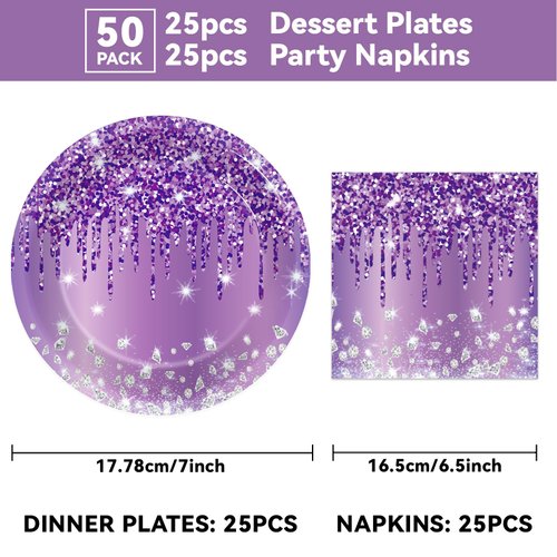 50 Pcs Purple Birthday Plates and Napkins Purple and Silver Happy Birthday Party Supplies for 25 Guests Table Decorations for Women Girl Birthday Decorations Paper Plates Napkins