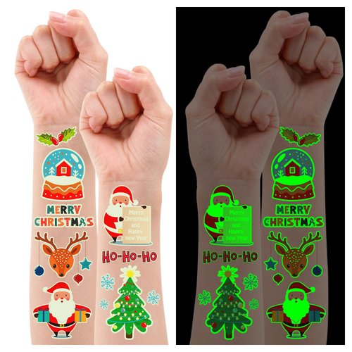Partywind Glow Christmas Temporary Tattoos Kids Stocking Stuffers, 155 Styles Tattoo Stickers for Christmas Holiday Party Supplies Goodie Bag Stuffers, Santa Snowman Snowflakes Decorations