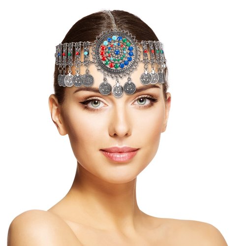 NICENEEDED Boho Head Chain Jewelry Silver, Vintage Belly Dance Coin Headpiece, Flower Rhinestone Retro Prom Costume Forehead Chain Hair Accessories for Women Girls