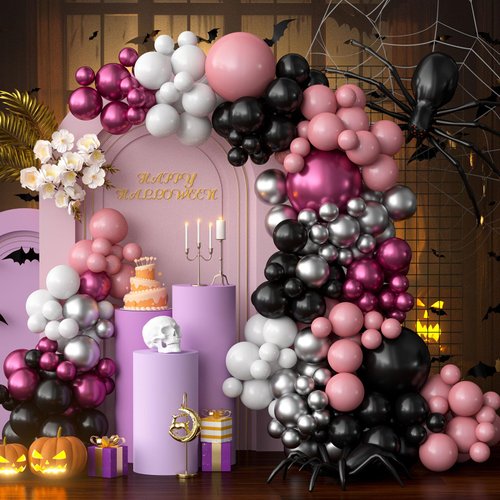OuMuaMua Halloween Balloon Garland Arch Kit, 116Pcs Black Pink White Balloons Metallic Rose Red Silver Balloons for Pink Halloween Party Decorations Kids Birthday Baby Shower Party Supplies