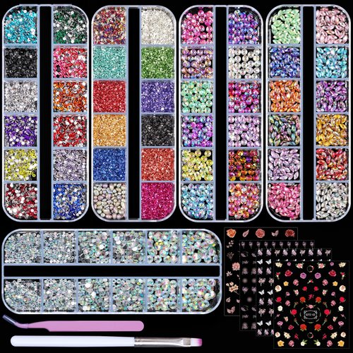 editTime 5 Boxes Shiny Colorful Nail Art Rhinestones Kit 3D Flatback Horse Eye Rhinestones Irregular Nail Stone and 4 Sheets Flower Nail Stickers with a Curved Tweezers and a Nail Brush (multicolor)