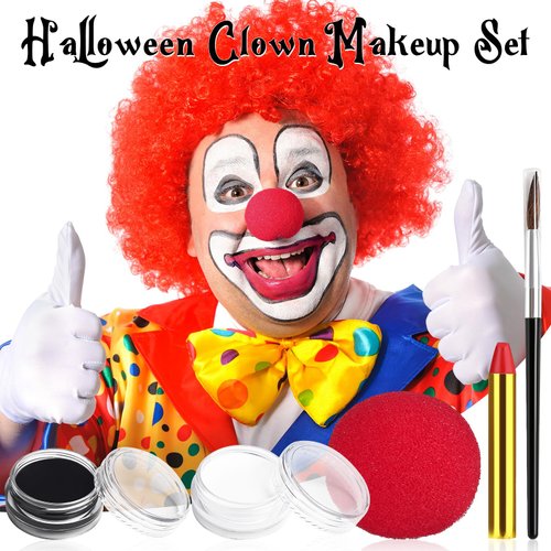 Hallowen Joker Clown Makeup Kit, Black White Clown Make Up Face Body Paint + Red Nose, SFX Makeup Set for Teens and Adults Clown Art Costume Makeup