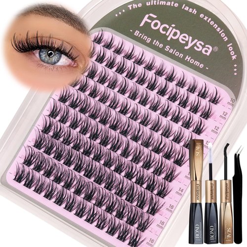 Focipeysa Wispy Lash Clusters with Cluster Lashes Glue Manga Eyelash Extension Kit CD Curl Eyelash Clusters 10-16mm DIY Lash Extension Kit with Eyelash Glue Lash Applicator Reusable Individual Lash