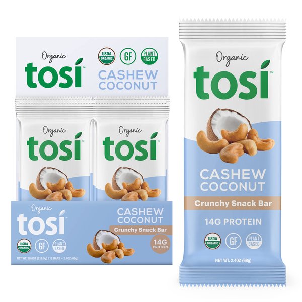Tosi Cashew Coconut Protein Bars, Plant Based with Nuts, Gluten-Free Crunchy Snacks, Vegan, Organic, Flax & Chia Seeds, Soy-Free, Omega 3s, 14G Protein, 2.4 oz, 12-Pack