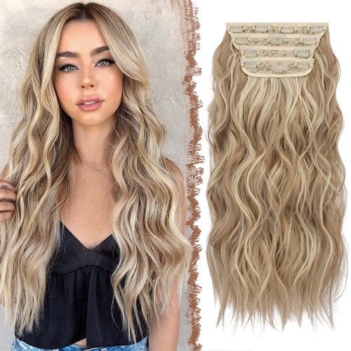 FESHFEN Clip in Hair Extensions 4 PCS Long Wavy Thick Highlighted Clip in Hairpieces Synthetic Hair Extension for Women, Dark Ash Blonde Mixed Bleach Blonde 20 Inch