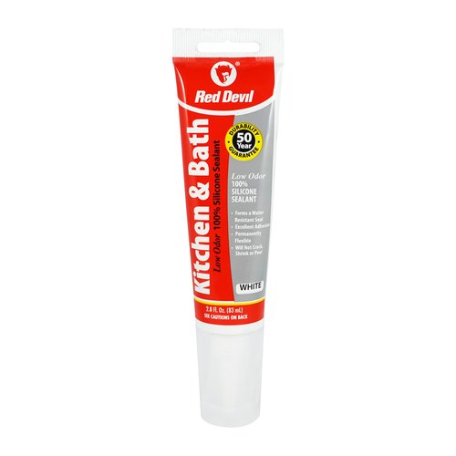 Red Devil 0883 Kitchen & Bath Low Odor 100% Silicone Sealant, A Water-Resistant Adhesive For Creating A Protective Barrier Against Moisture, 2.8 oz. Tube, White, 1-Pack