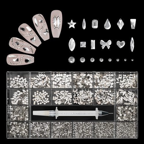 6410Pcs White Crystal Nail Rhinestones Set, Nail Art Rhinestones Round Beads Flatback Glass Gems Stones, Multi Shapes Nail Diamond Rhinestones for Nails DIY Crafts Clothes Shoes Jewelry