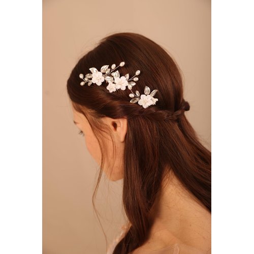 BERYUAN Wedding White Flower Rose Gold Leaf Pearls Crystal Rhinestone Hair Comb Pearls Teardrop Rhinestone Hair Piece Bride Headband for Bridal Women and Girls(3PCS) (rose gold)