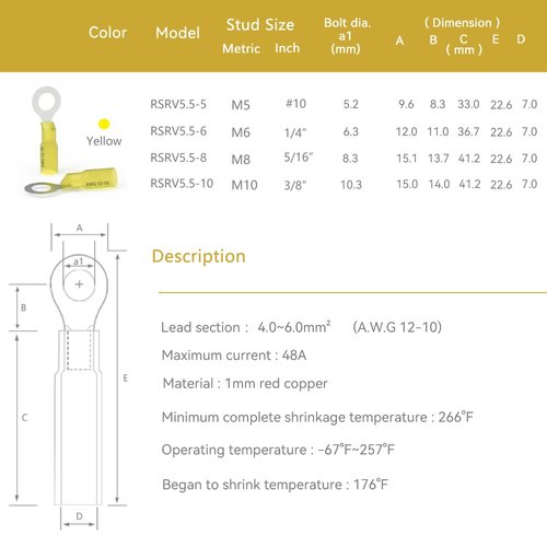 HKS 100PCS Heat Shrink Ring Terminals -Yellow 12-10 AWG - Tinned Red Copper 1.0mm 4 Sizes #10,1/4",5/16",3/8" - Marine Electrical Wire Connector Kit - Waterproof and Insulated Crimp Terminals Set
