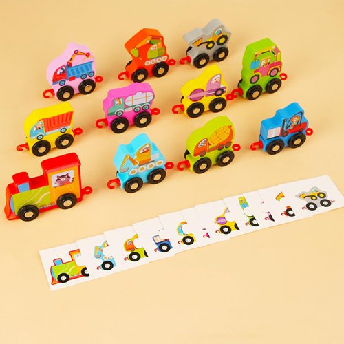 Wooden Train Cars Toy Set Sensory Toys Locomotive Engines Crane Train Accessories with 11pcs Flash Cards Educational Learning Toys for Toddlers Kids Boys Girls Age 3 4 5 6 Years Old
