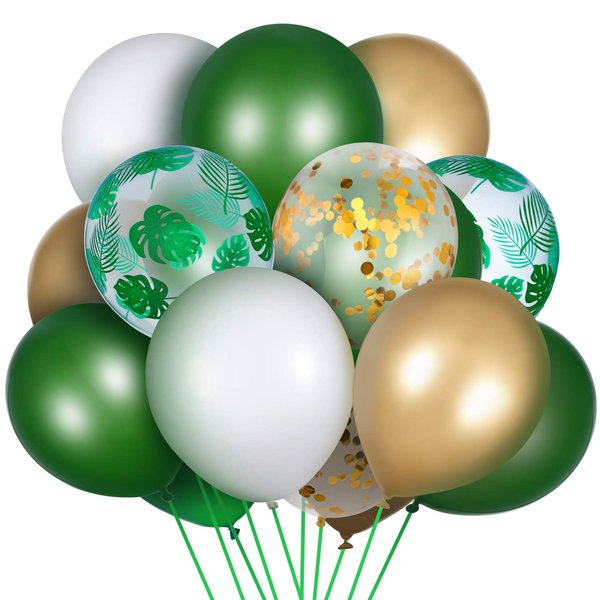 65 Pieces Jungle Safari Theme Balloons Green White Latex Balloons Palm Leaves Balloon Confetti Balloons with Balloon Arch Kit for Kids Boys Jungle Safari Birthday Baby Shower Decorations