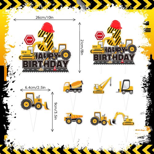 25pcs Construction 3rd Birthday Party Supplies, Dump Truck Excavator Crane Cupcake Toppers Decoration, Construction Theme Happy Birthday Cupcake Toppers Baby Shower Kids Boy Decorations (3rd)