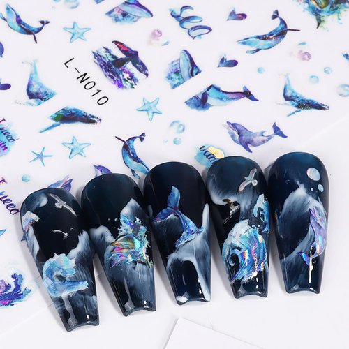 Ocean Nail Art Stickers Decals 3D Beach Nail Self-Adhesive Sticker Designs Jellyfish Shell Whale Mermaid Seagull Summer Seaside Nail Transfer Decal Supplies for Women Girls Manicure Art