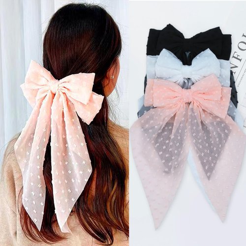 GOORAIFU Hair Bows for Women, 3pcs Black White Pink Hair Clips Girls, Hair Barrettes with Long Tail Chiffon Ribbons Cute Hair Accessories