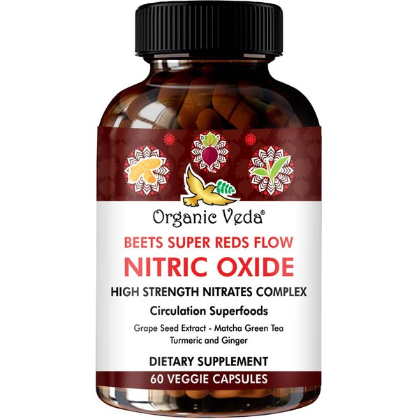 Organic Veda Beet Root Grape Seed & Red Spinach Nitric Oxide Capsules - Concentrated Beets Nitrates Supplements with Circulation Booster Green Tea Extract, Turmeric, Pomegranate - 60 Vegan Pills