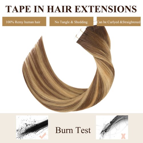 Loxxy Tape in Hair Extensions Seamless Skin Weft Brazilian Natural Remy Thick Human Hair Ombre Chocalate Brown Fading into Chocolate Brown With Strawberry Blonde Highlight R#4-4/27 20pcs 50g 16Inch
