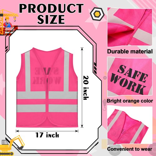 Bokon 12 Pcs Kids Construction Vests Construction Party Supplies Construction Worker Costume Toddler, Ages for 3-8(Pink)