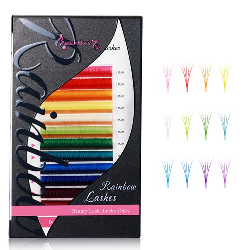 Beauty7 Colored Lash Extensions Rainbow Lashes Easy Fan 12 Colors Lashes Self Fanning Ombre Lash Extensions D+ Curl 0.05mm thickness 15mm Dramatic Eyelashes Extension